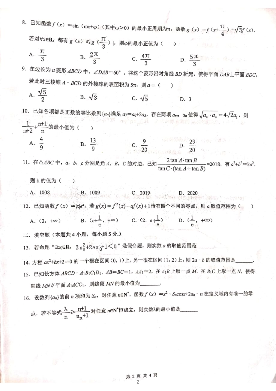 安徽省合肥2020届高三第四次模拟考试数学（理）试题 PDF版缺答案_第2页