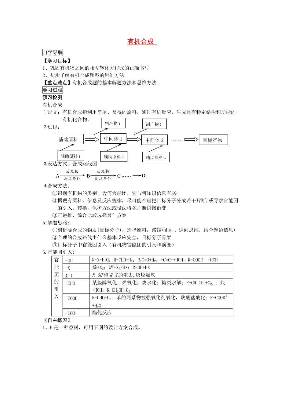 福建省永安市高中化学 有机合成导学案 新人教版选修5_第1页