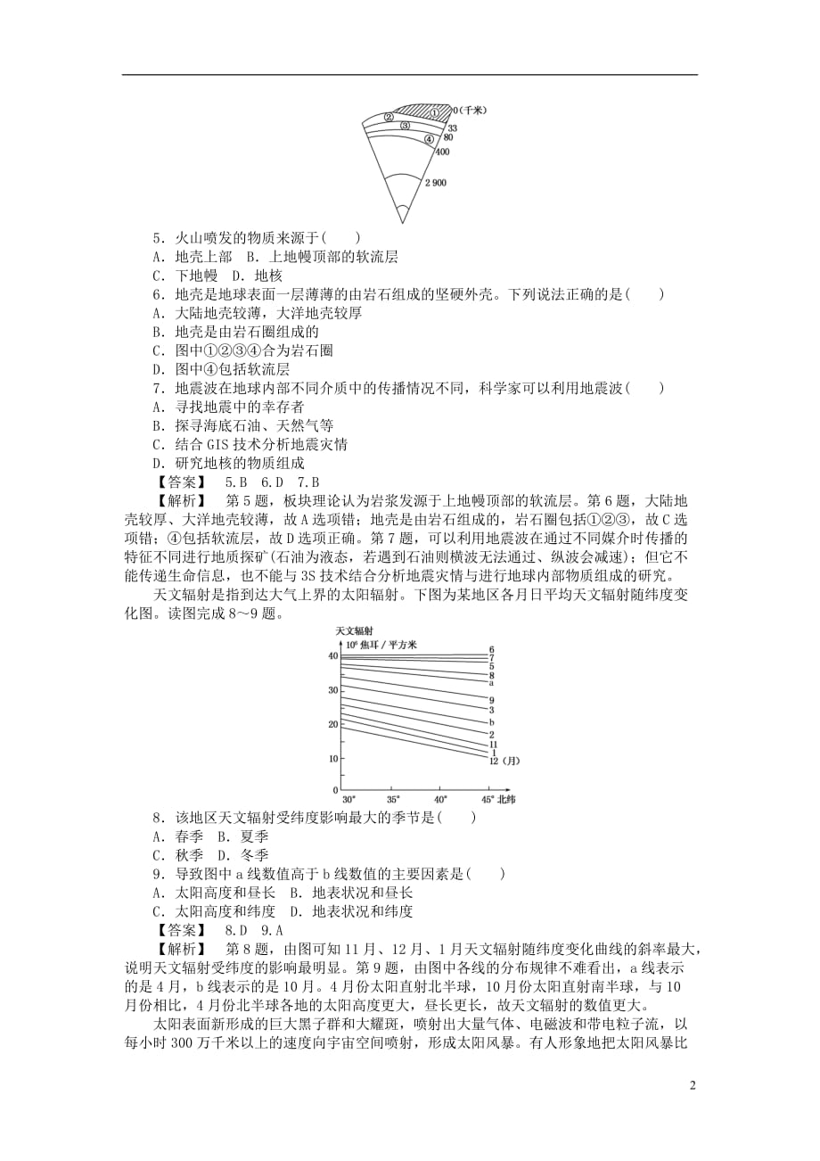 山东省2014届高三地理 课时训练2 宇宙中的地球、太阳对地球的影响和地球的圈层结构（含解析）.doc_第2页