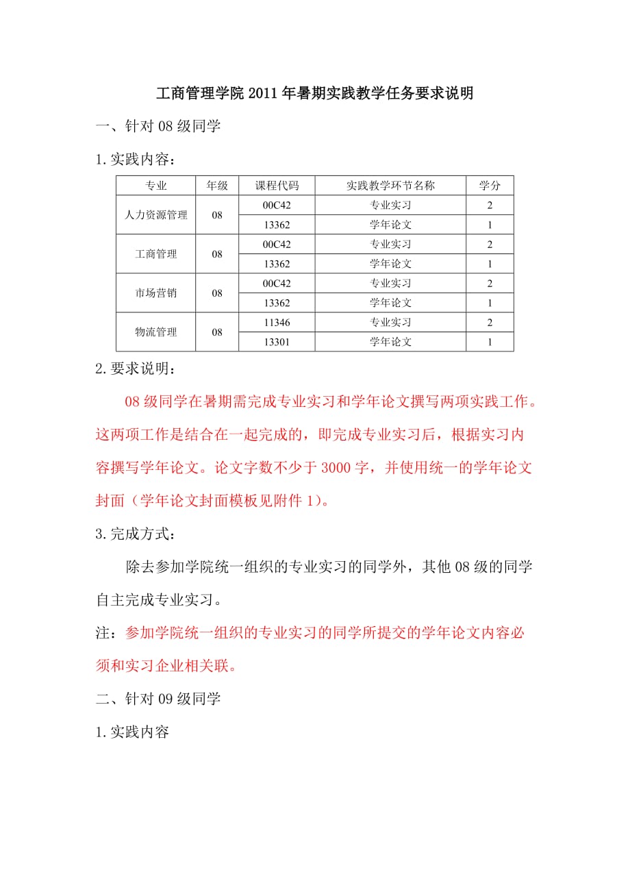 工商管理学院2011年暑期实践教学任务要求说明_第1页