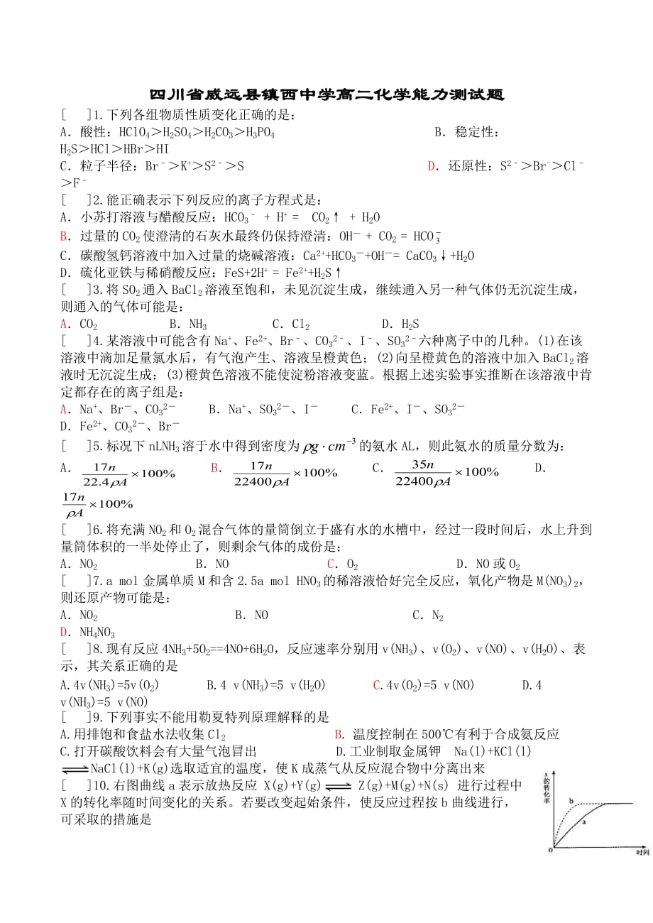 四川省威远县镇西中学高二化学能力测试题_第1页