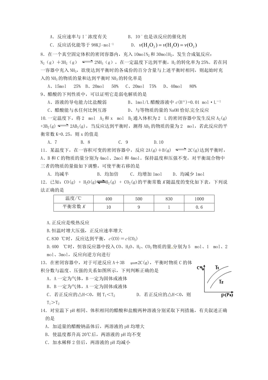 山西省2020学年高二化学上学期半月考试题新人教版_第2页