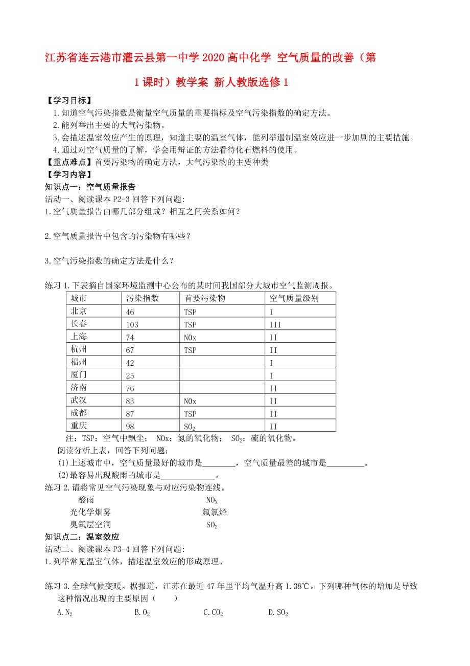 江苏省连云港市灌云县第一中学2020高中化学 空气质量的改善（第1课时）教学案 新人教版选修1_第1页