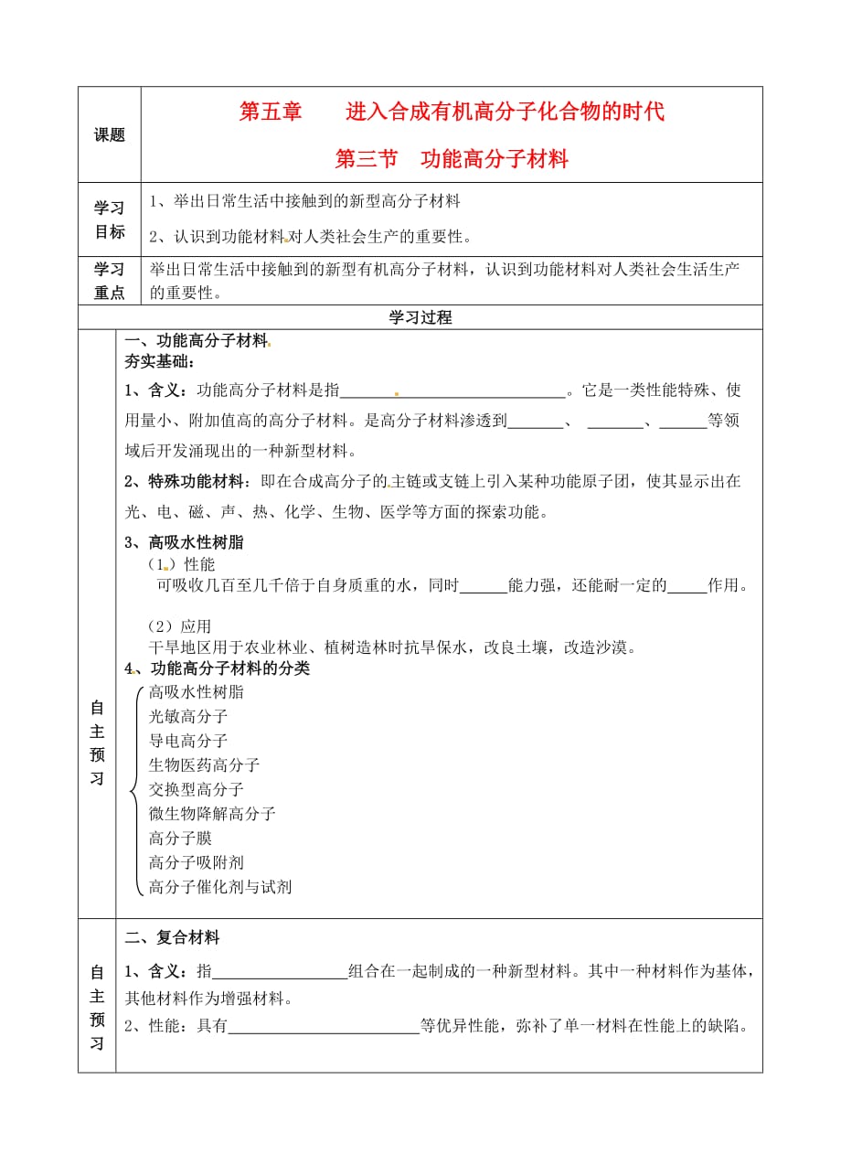 青海省2020学年高中化学 第五章 第三节 功能高分子材料学案 新人教版选修5_第1页