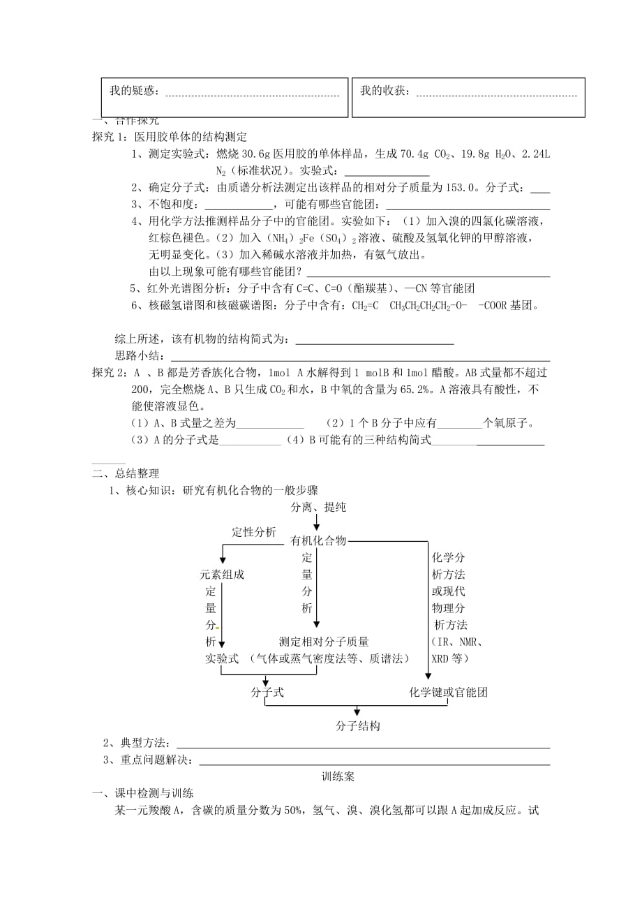 高中化学 第三章 有机合成及其应用 合成高分子化合物 第二节 有机化合物结构的测定2导学案（无答案）鲁科版选修5（通用）_第2页