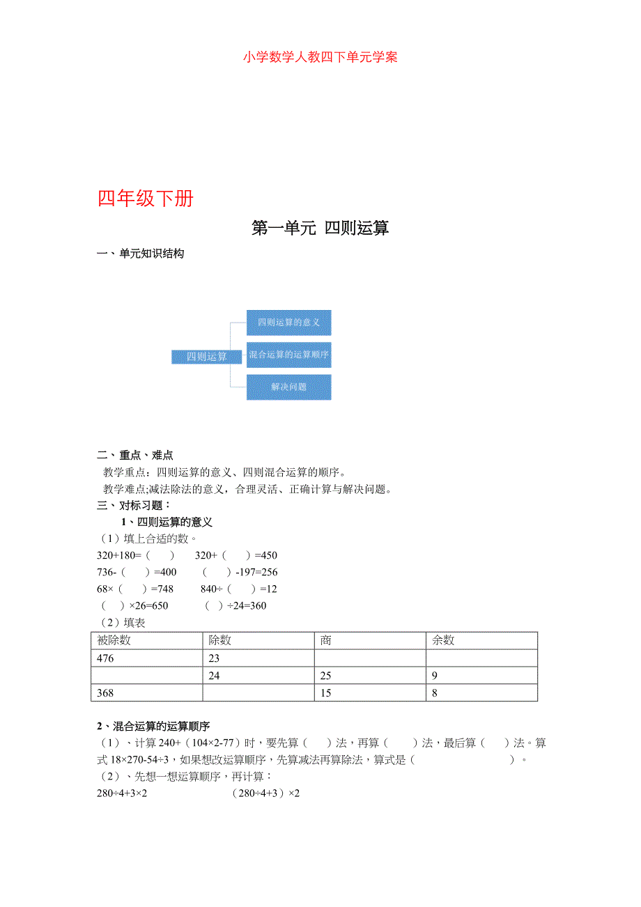 小学数学人教四下单元学案_第1页