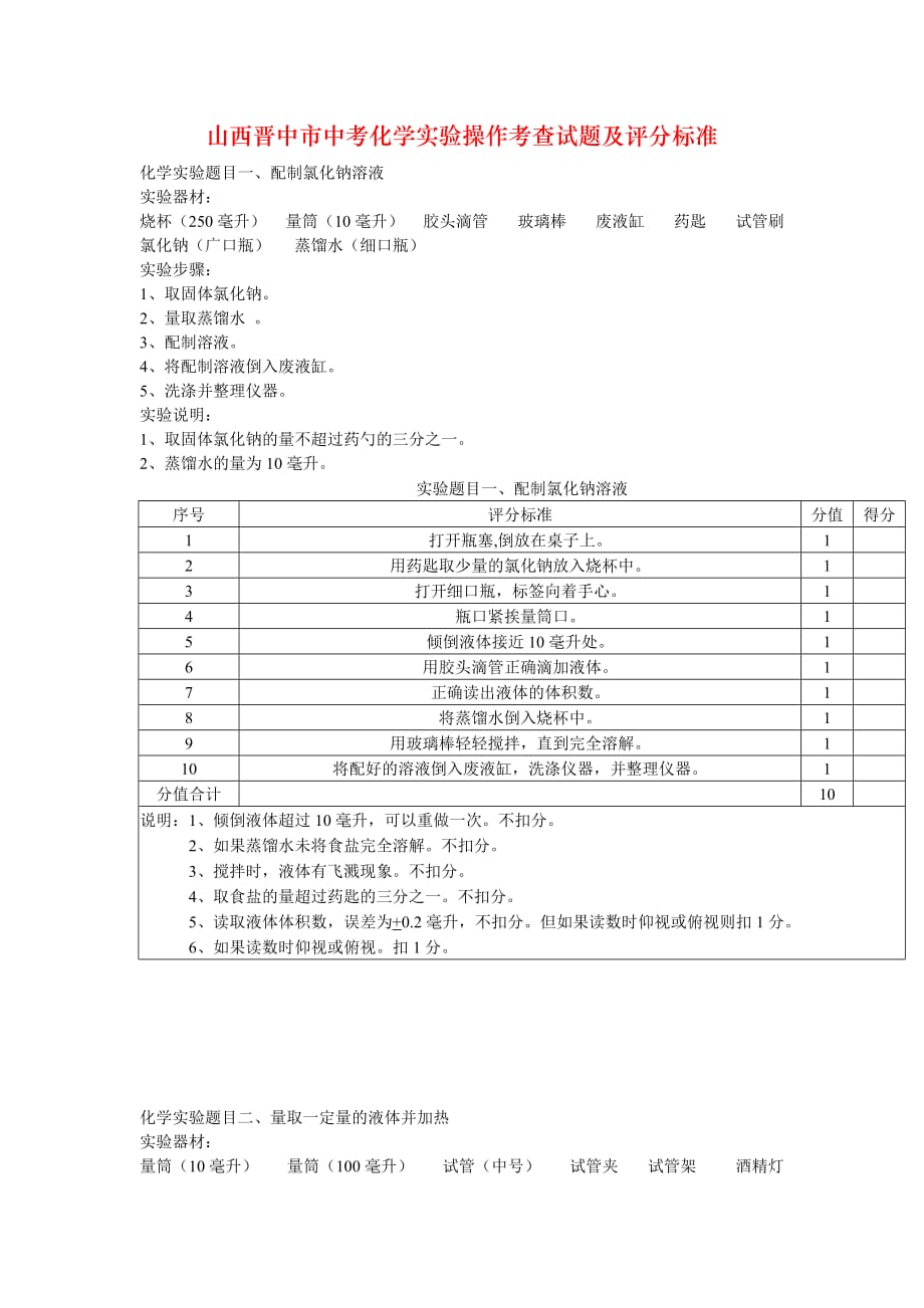 山西晋中市中考化学实验操作考查试题及评分标准_第1页