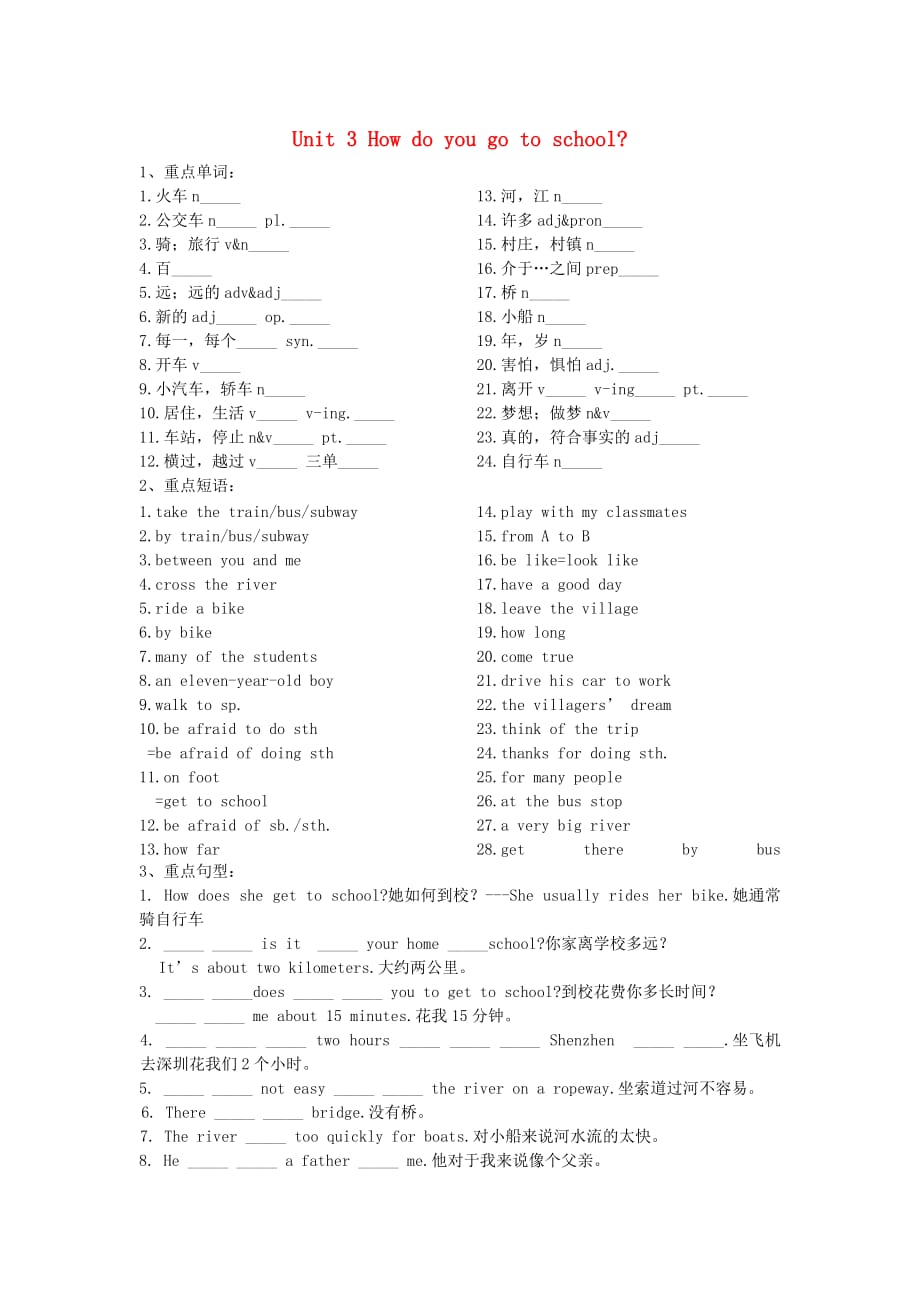 七年级英语下册 Unit 3 How do you get to school词汇、短语、固定搭配、知识点、语法详解以及训练、检测等综合资料（无答案）（新版）人教新目标版_第1页