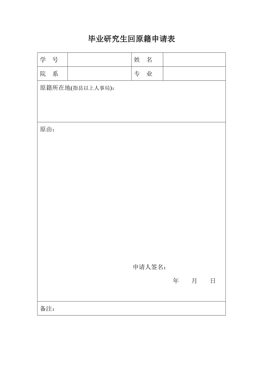 毕业研究生回原籍申请表_第1页