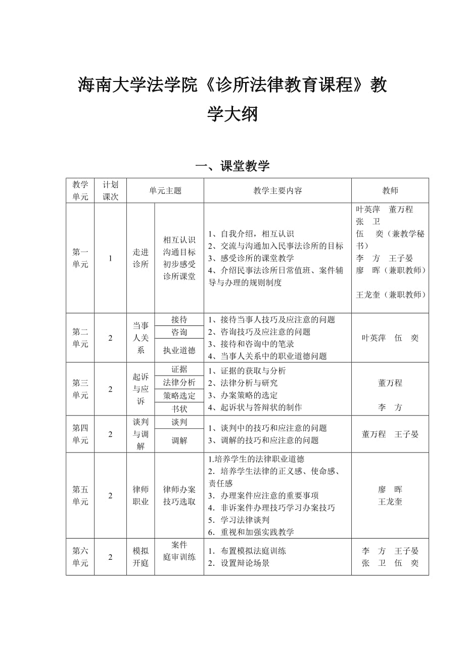 海南大学法学院《诊所法律教育课程》教学大纲_第1页