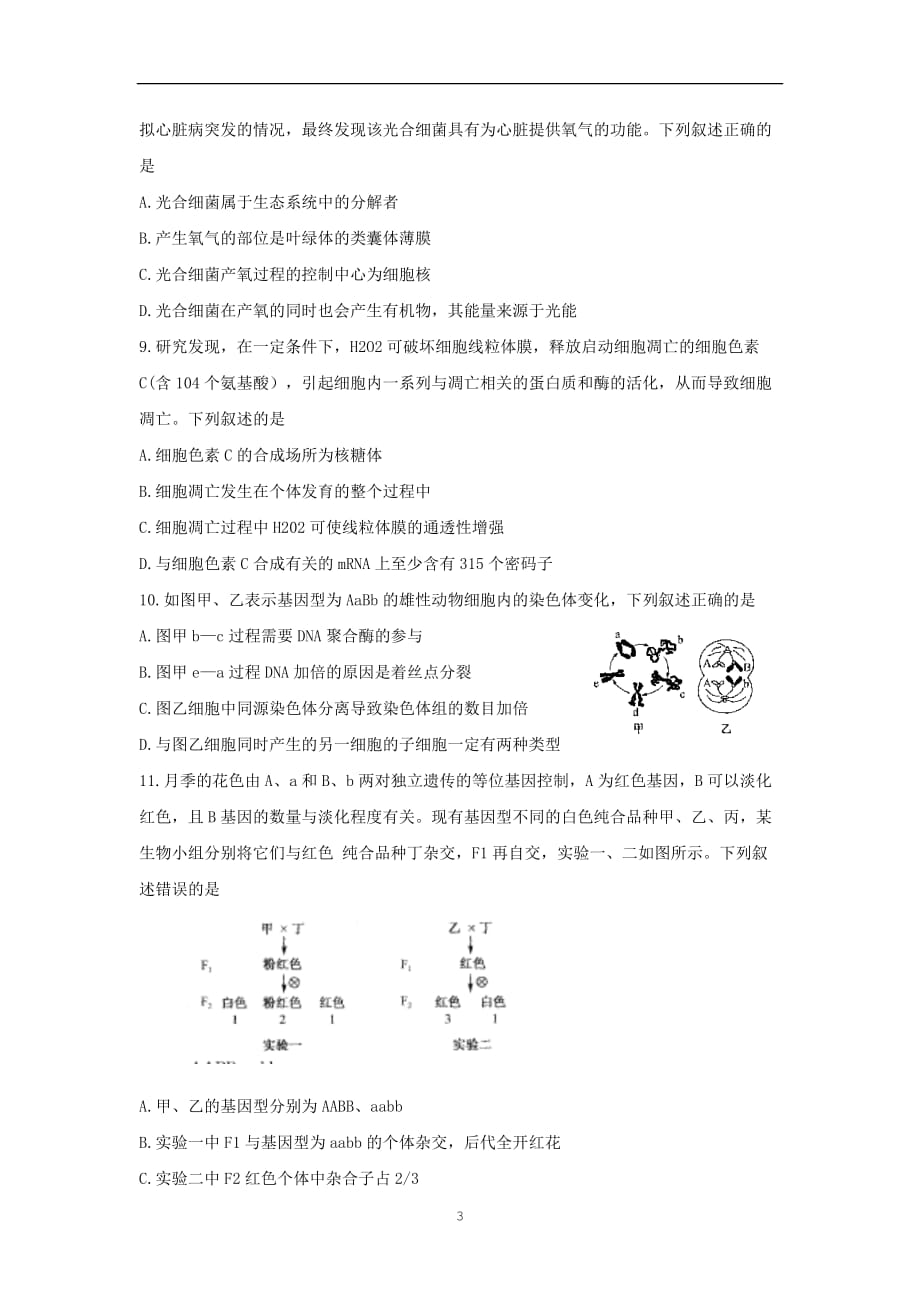 河南省九师联盟2020届高三生物月质量检测巩固卷_第3页