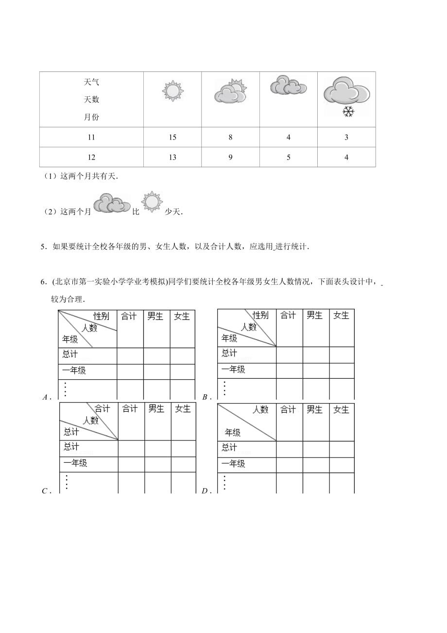 2021年人教新版数学三年级下册重难点题型训练第三章《复式统计表》章节常考题集锦（原卷版）_第2页