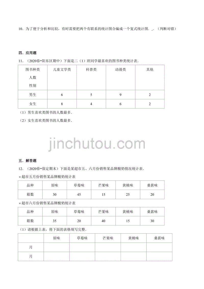 2021年人教新版数学三年级下册重难点题型训练第三章《复式统计表》章节常考题集锦（原卷版）_第4页