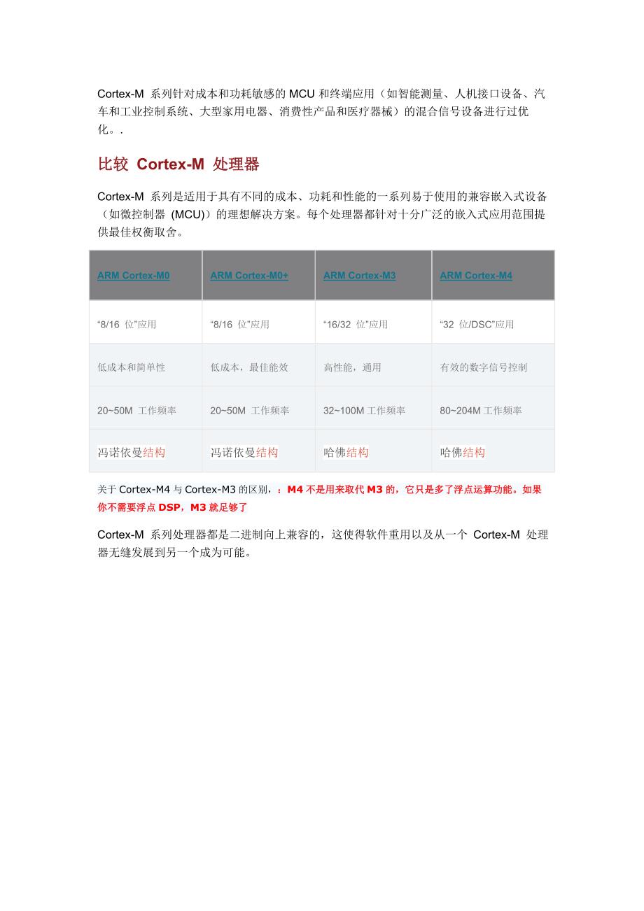 Cortex系列M1、M2、M3、M4对比_第1页