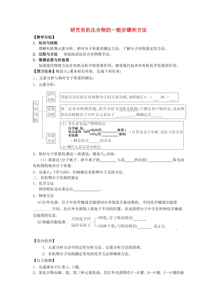 山西省忻州市高中化学 第一章 认识有机化合物 1.4 研究有机化合物的一般步骤和方法（第2课时）预习案（无答案）新人教版选修5（通用）_第1页