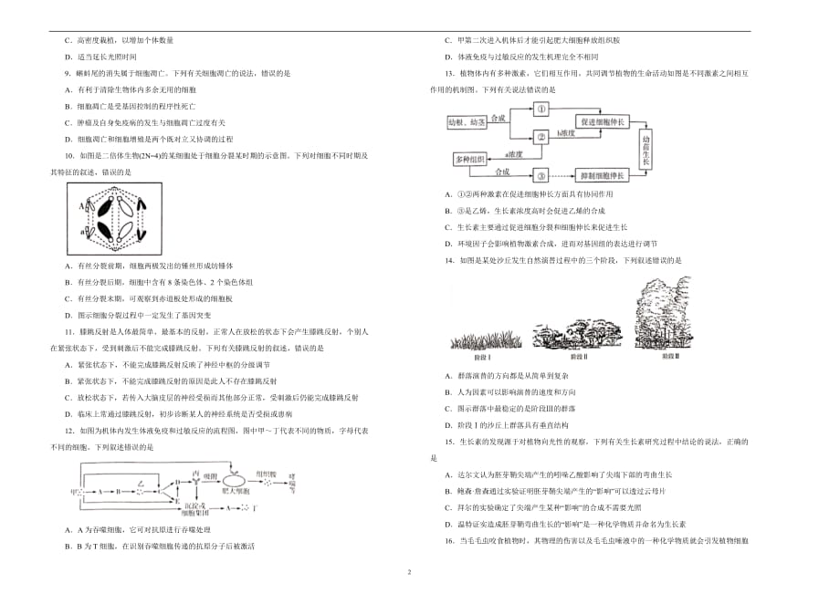 2020届高三1月名校模拟试题 生物（二）学生版_第2页