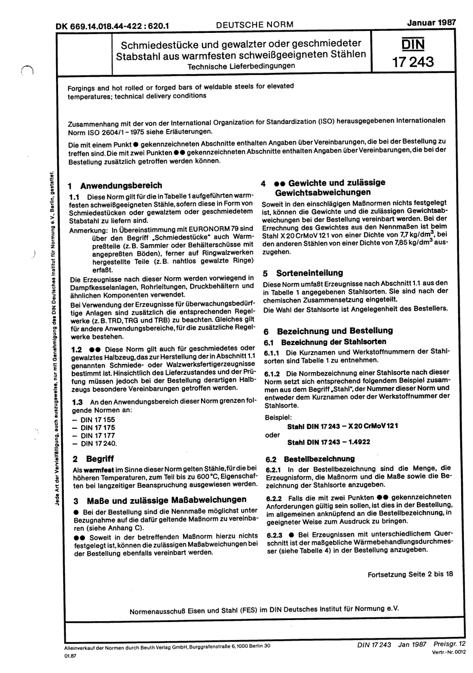 DIN 17243-1987 规定高温性能的压力容器用热轧可焊钢棒[摘录]_第1页