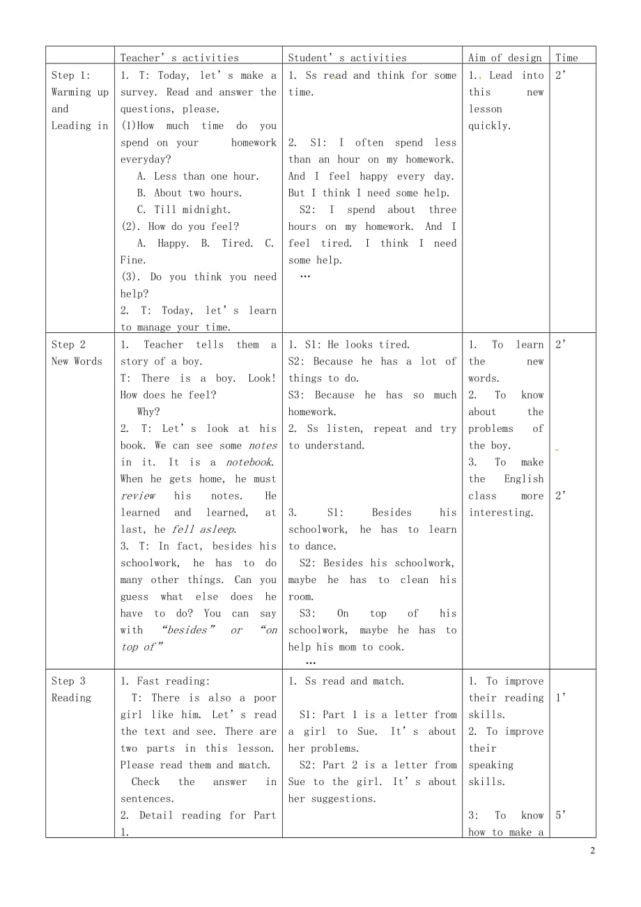 九级英语下册Unit10GetReadyfortheFutureLesson56ManageYourTime教学设计新冀教.doc_第2页