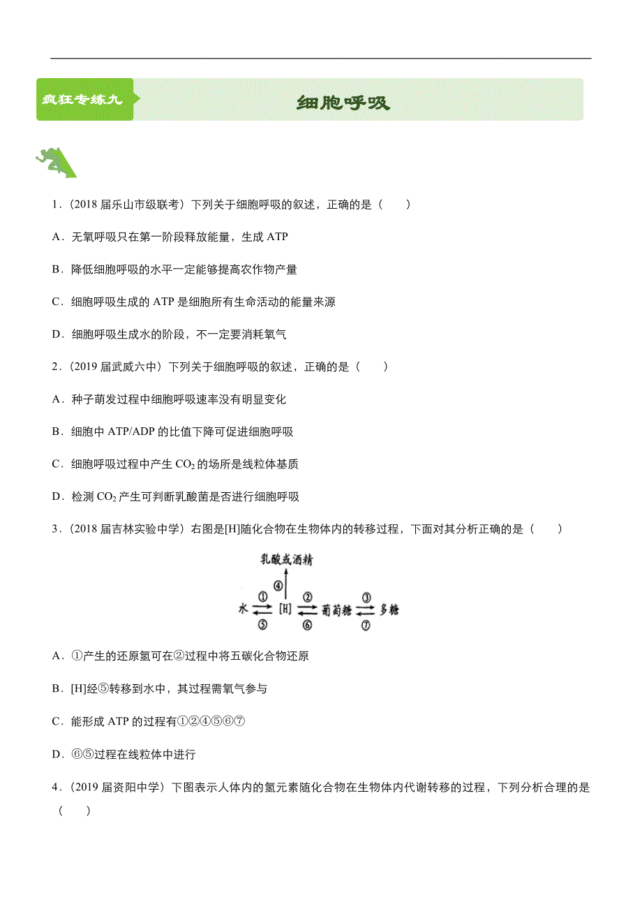 2019届高三二轮系列之疯狂专练9 细胞呼吸 学生版_第1页