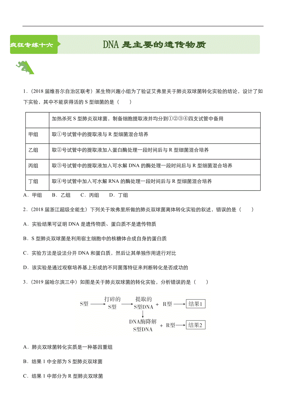 2019届高三二轮系列之疯狂专练16DNA是主要的遗传物质 学生版_第1页