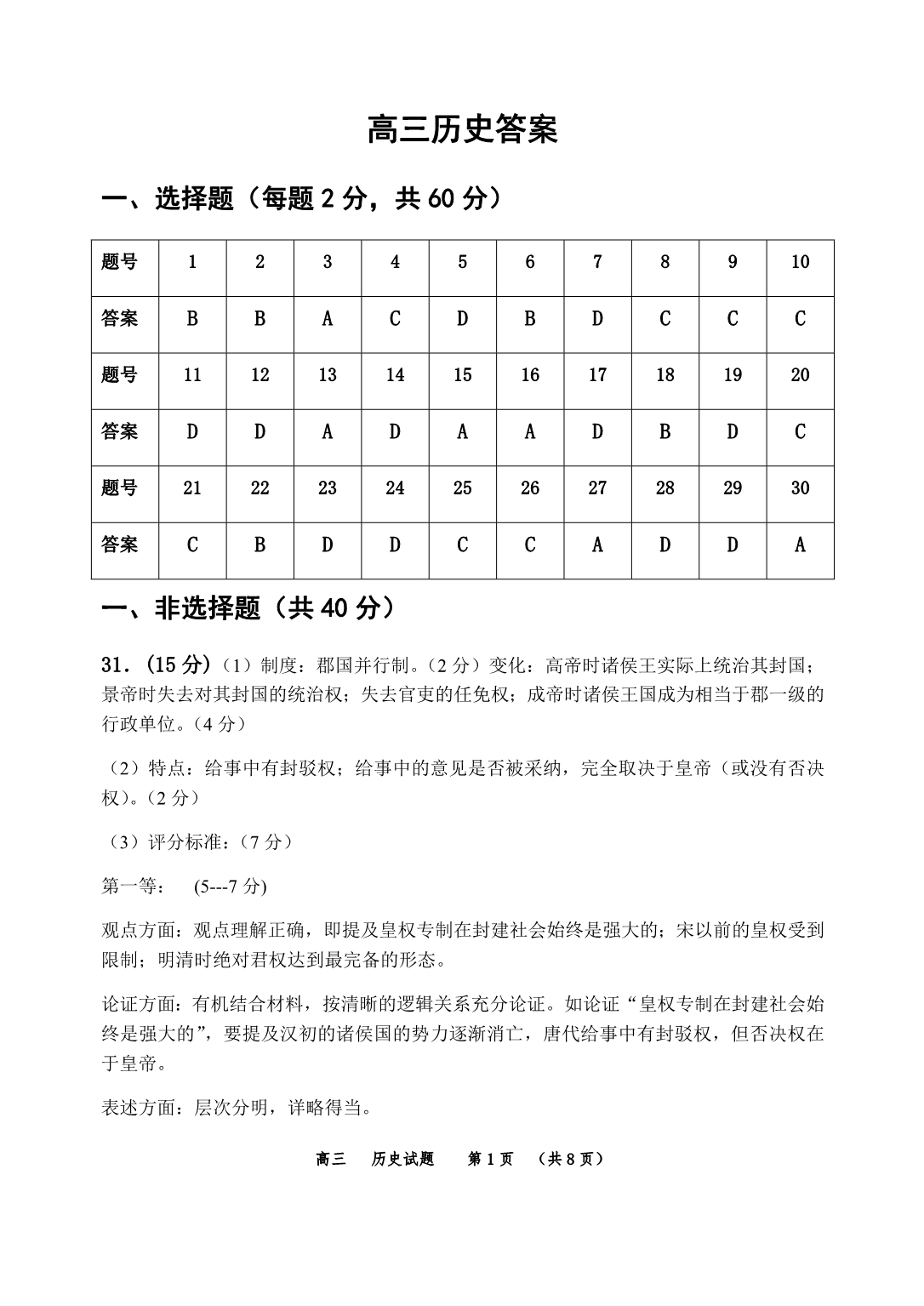 2020届河南省高三历史上学期期中检测试卷答案_第1页