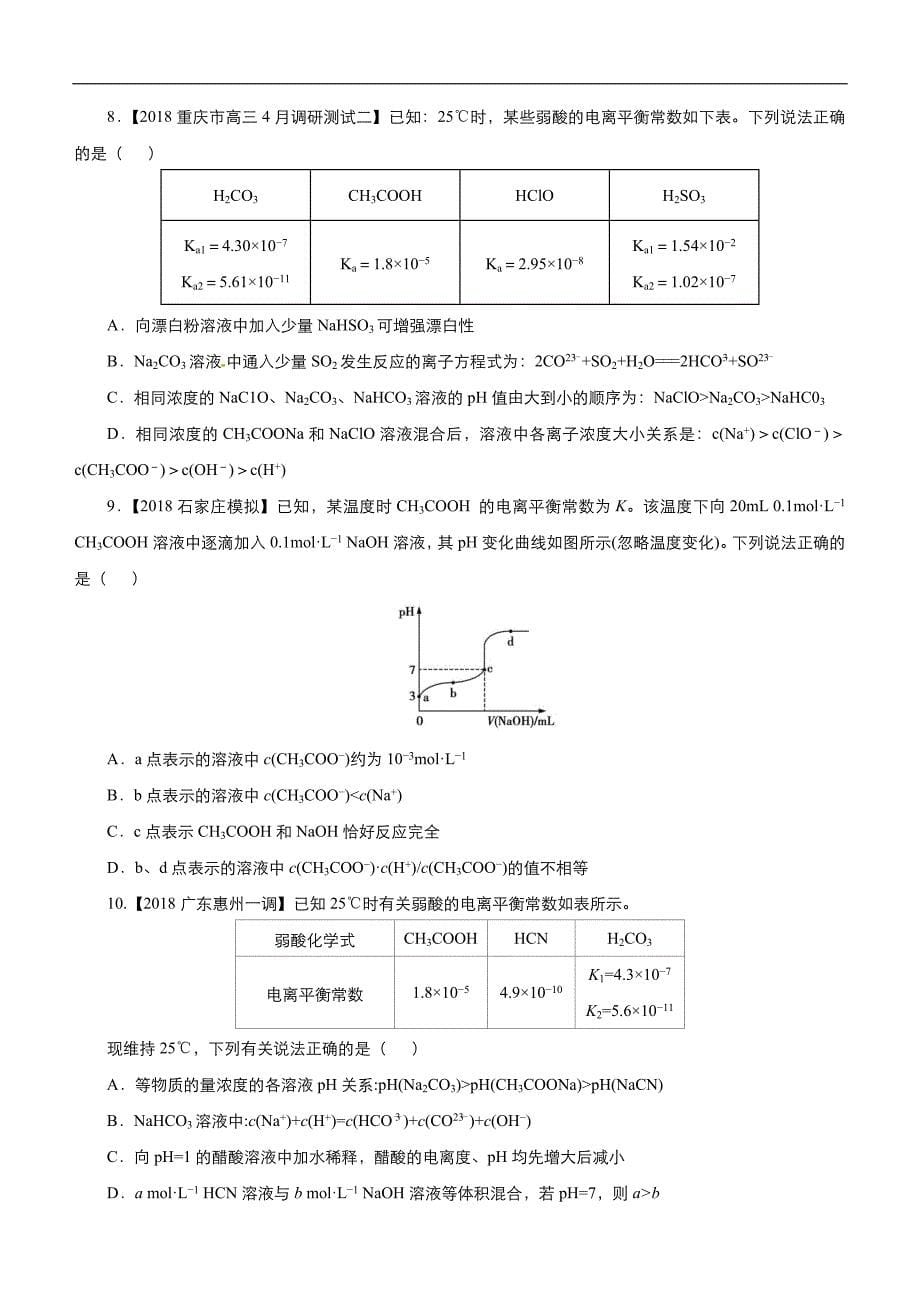 2019届高三二轮系列之疯狂专练二十一 弱电解质的电离平衡 学生版_第5页