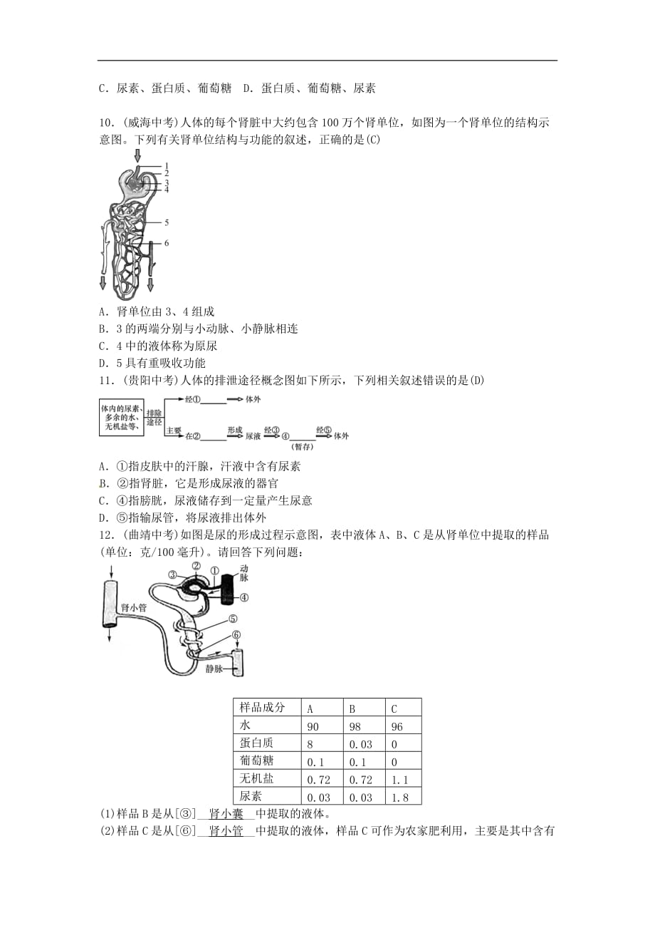 2019年中考生物总复习主题四生物圈中的人课时人体内废物的排出_第4页