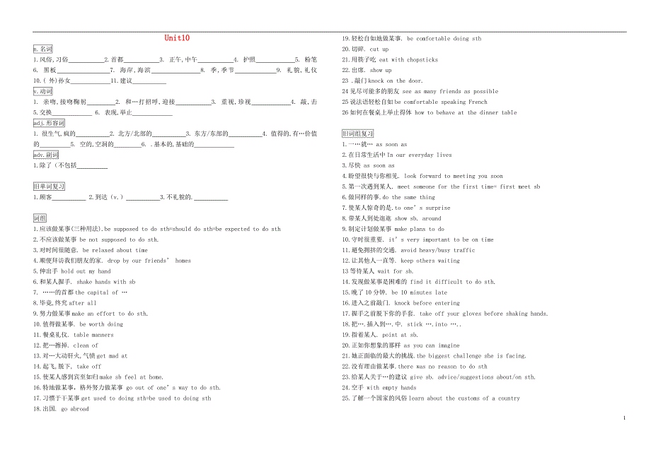 广东惠州惠东九级英语全册Unit10You’resupposedtoshakehands复习新人教新目标.doc_第1页