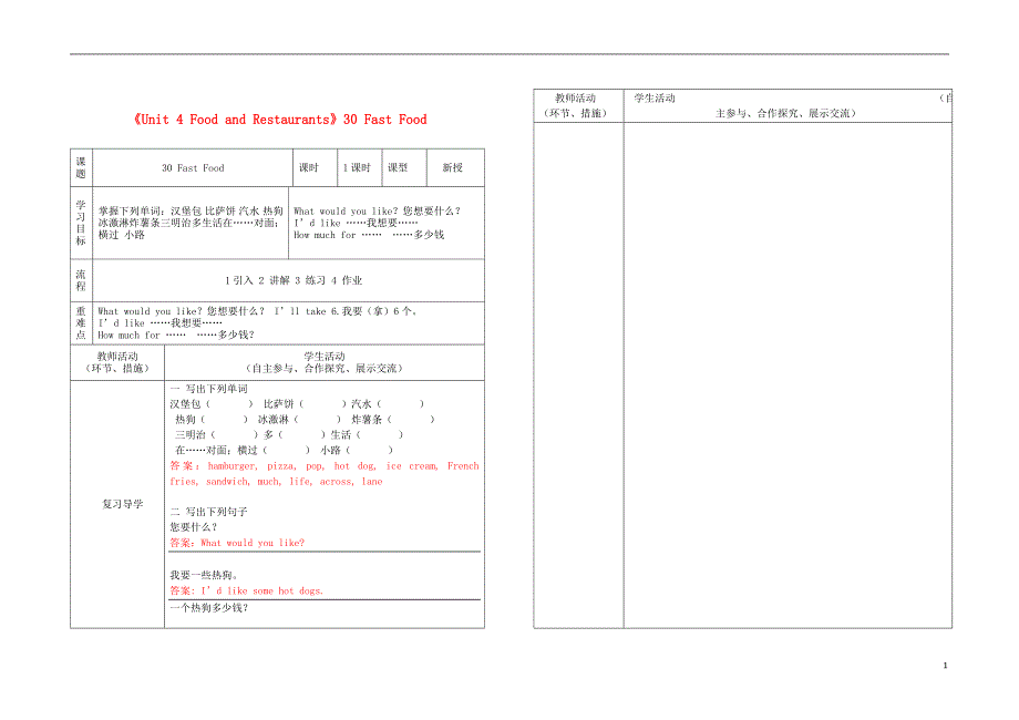 七级英语上册Unit4FoodandRestaurantsLesson30FastFood导学案冀教 1.doc_第1页