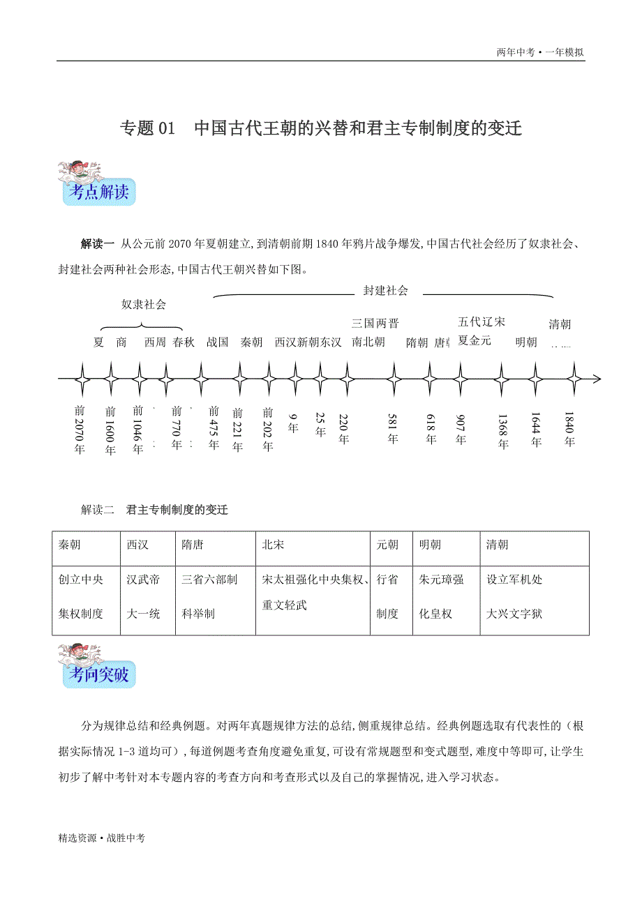 两年中考模拟2020年中考历史：中国古代王朝的兴替和君主专制制度的变迁（教师版）_第1页