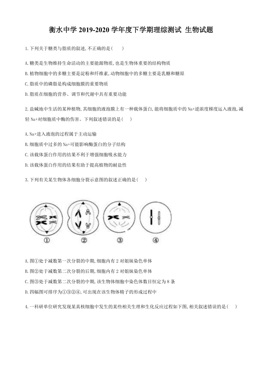 河北省衡水中学2019—2020学年度高三下学期理综测试 生物试题_第1页