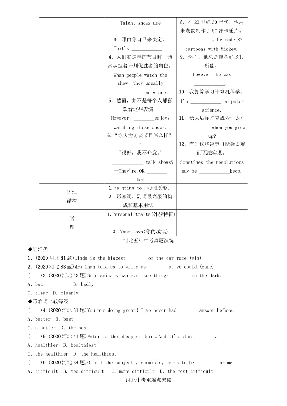 中考命题研究河北省2020中考英语 基础知识梳理 八上 Units 4-6（无答案） 人教新目标版_第2页