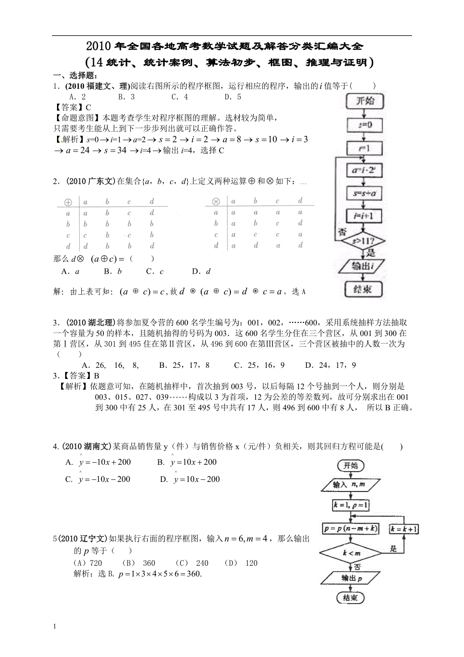 2010年全国各地高考数学试题及解答分类汇编大全(14统计、统计案例、算法初步、框图、推理与证明)讲解材料_第1页