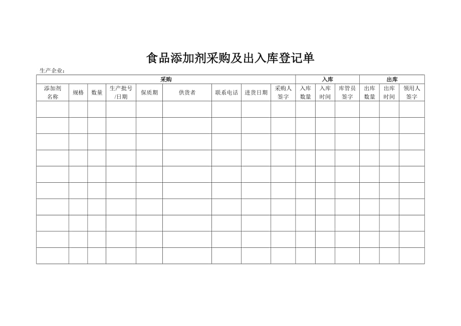 食品添加剂采购及出入库登记单(样表)_第1页