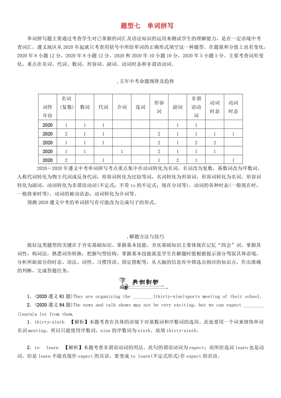 中考命题研究（遵义）2020中考英语 题型专项突破 题型七 单词拼写练习（无答案）_第1页