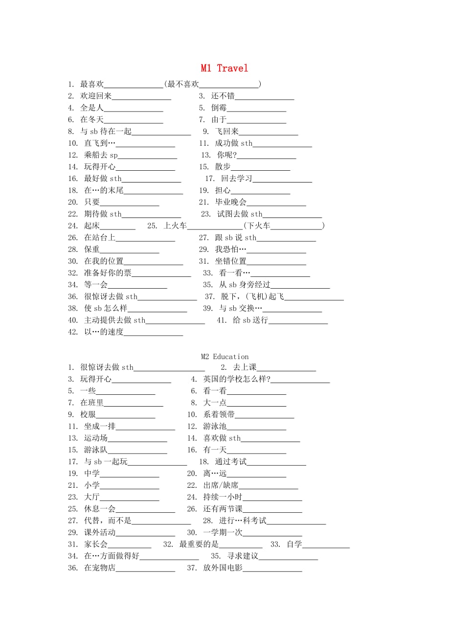 九年级英语下册 Module 1-8重点短语识记（无答案）（新版）外研版_第1页