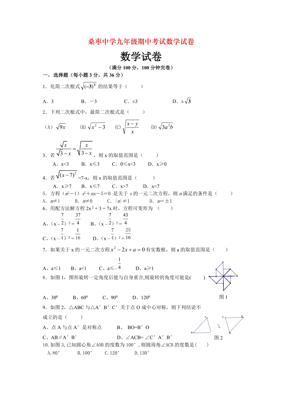 桑枣中学九年级期中考试数学试卷_第1页