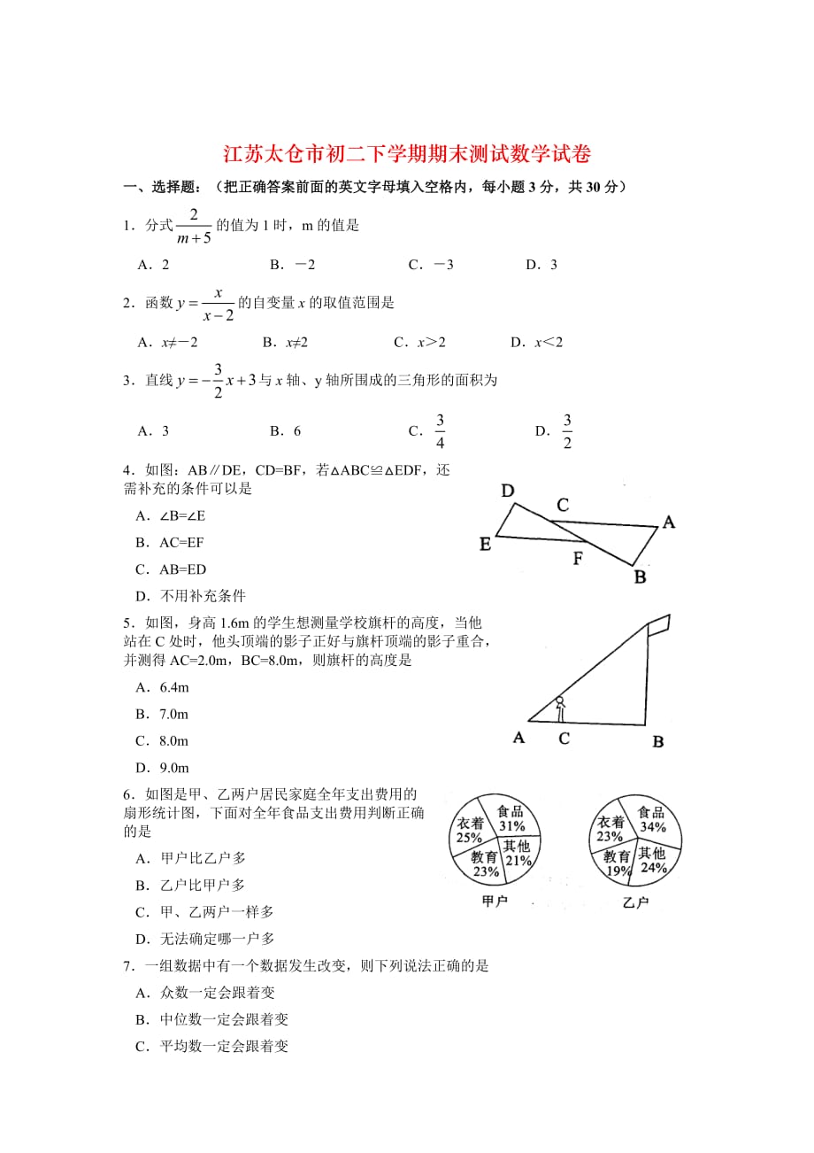 江苏太仓市初二下学期期末测试数学试卷_第1页