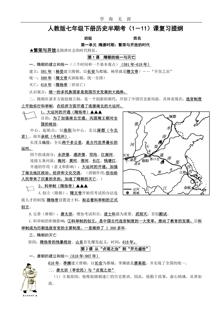 2020年整理新人教版七年级下册历史期中考复习提纲(1-11)word版.doc_第1页