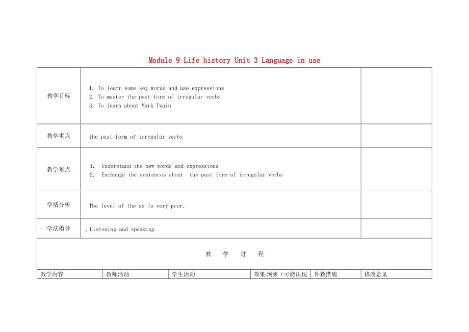 四川省华蓥市明月镇七年级英语下册 Module 9 Life history Unit 3 Language in use教案1 （新版）外研版_第1页