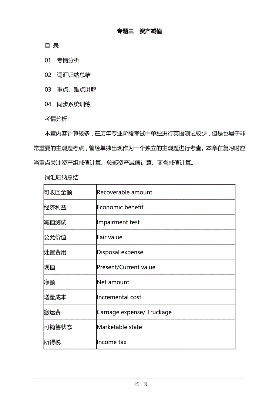 【推荐】2019年注册会计师考前要点分析、难点讲解汇总专题三　资产减值_第1页