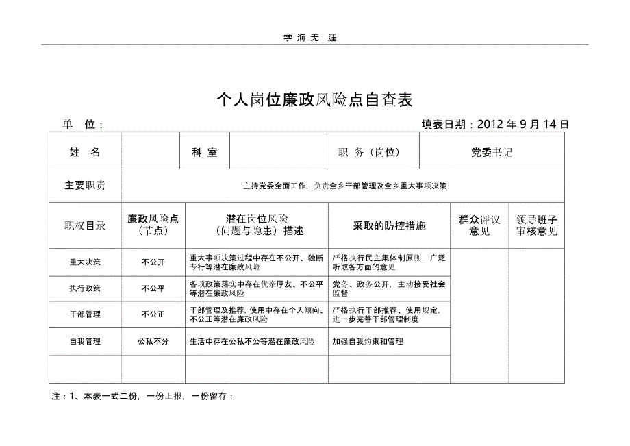 （2020年整理）个人岗位廉政风险点自查表.pptx_第1页