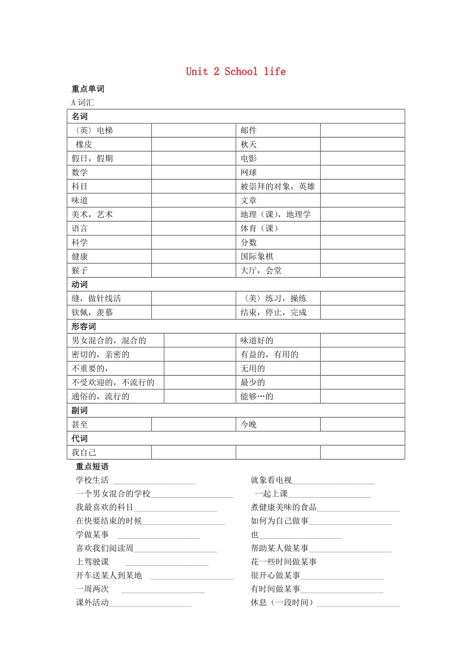 江苏省永丰初级中学八年级英语上册 Unit 2 School life复习导学案（无答案） 牛津版_第1页