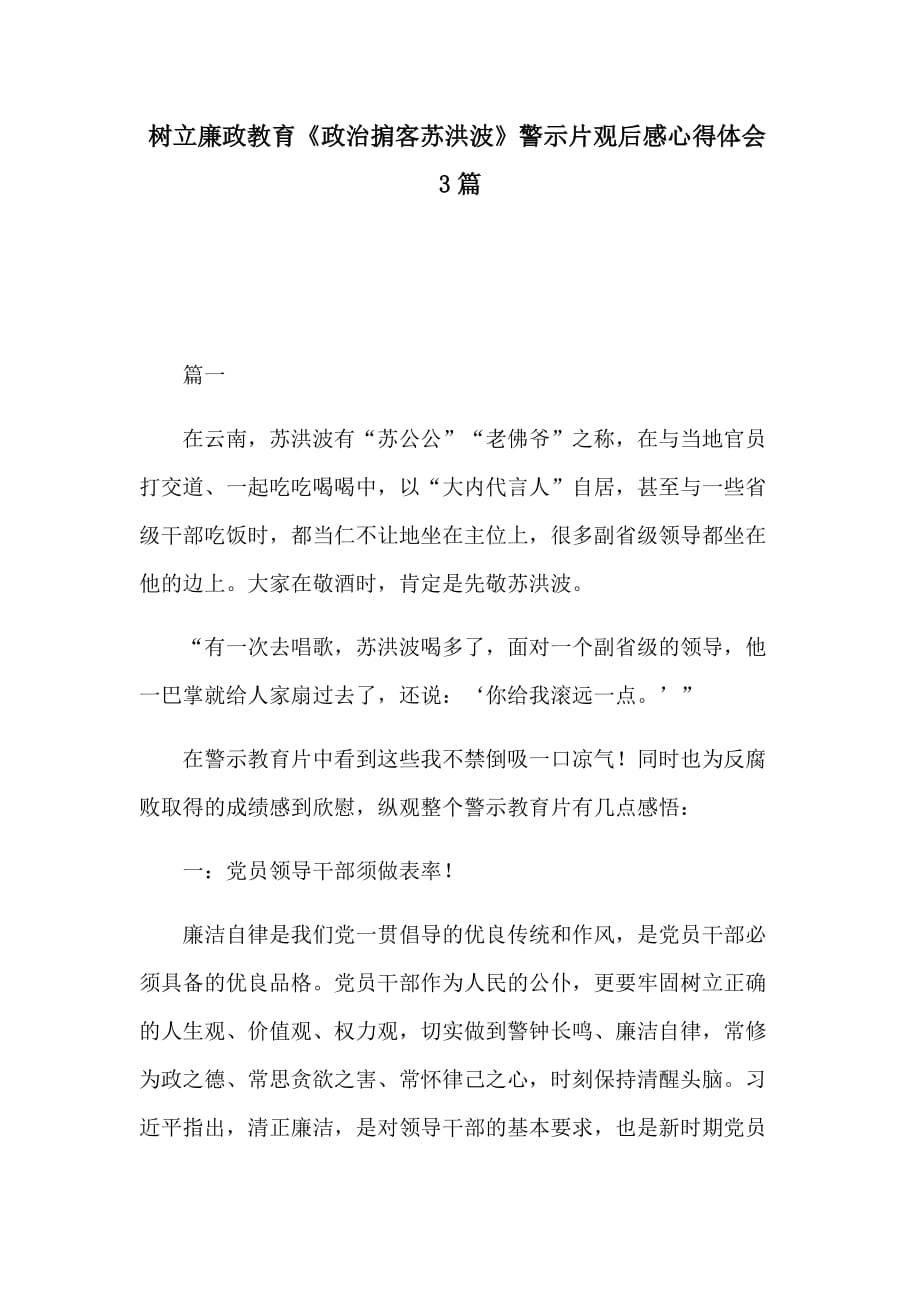 树立廉政教育《政治掮客苏洪波》警示片观后感心得体会3篇_第1页