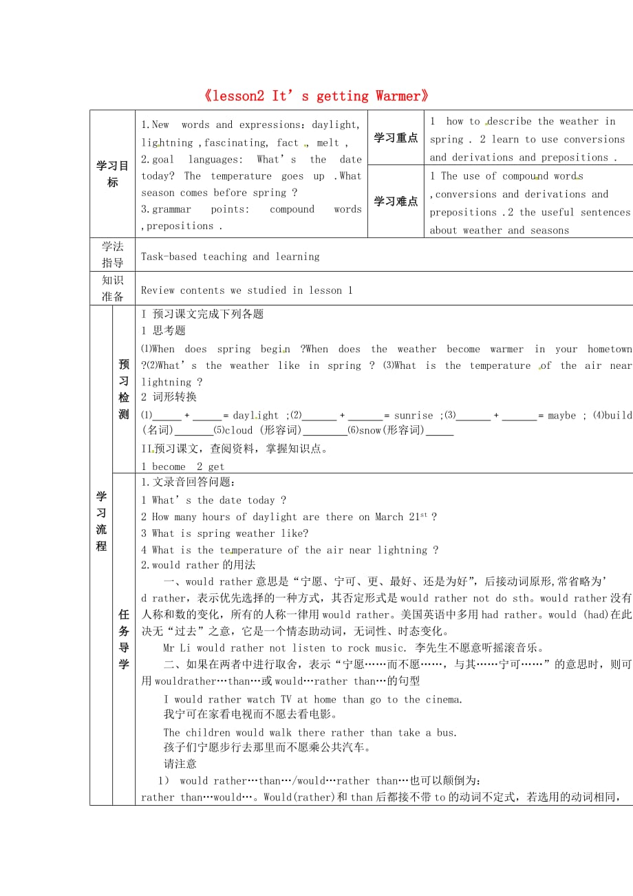 甘肃省安定区李家堡初级中学八年级英语下册《Unit 1 Spring is Coming Lesson 2 It&ampamp;#039;s getting Warmer》导学案（无答案）（新版）冀教版_第1页