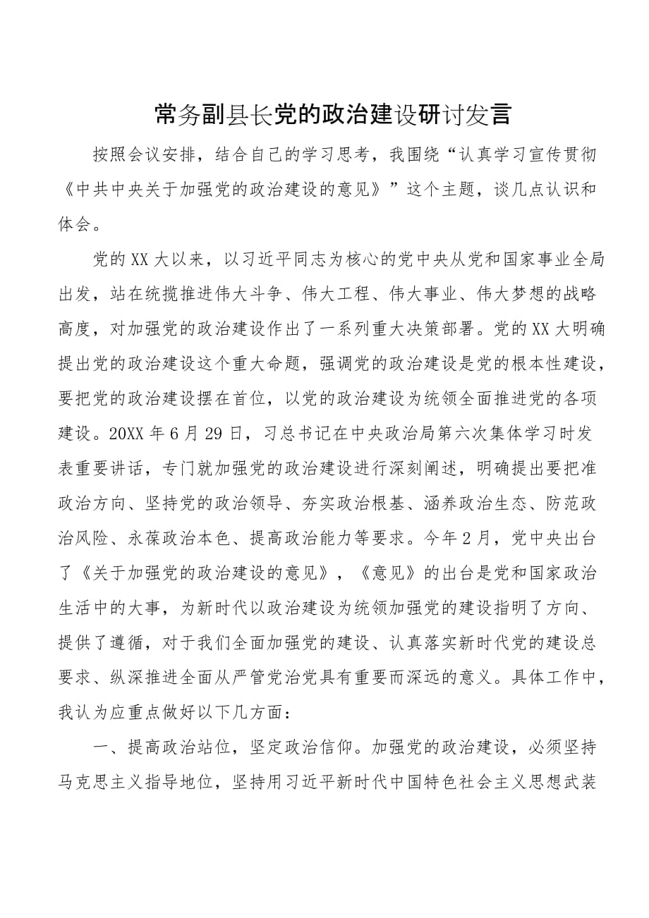 常务副县长党的政治建设研讨发言模板_第1页