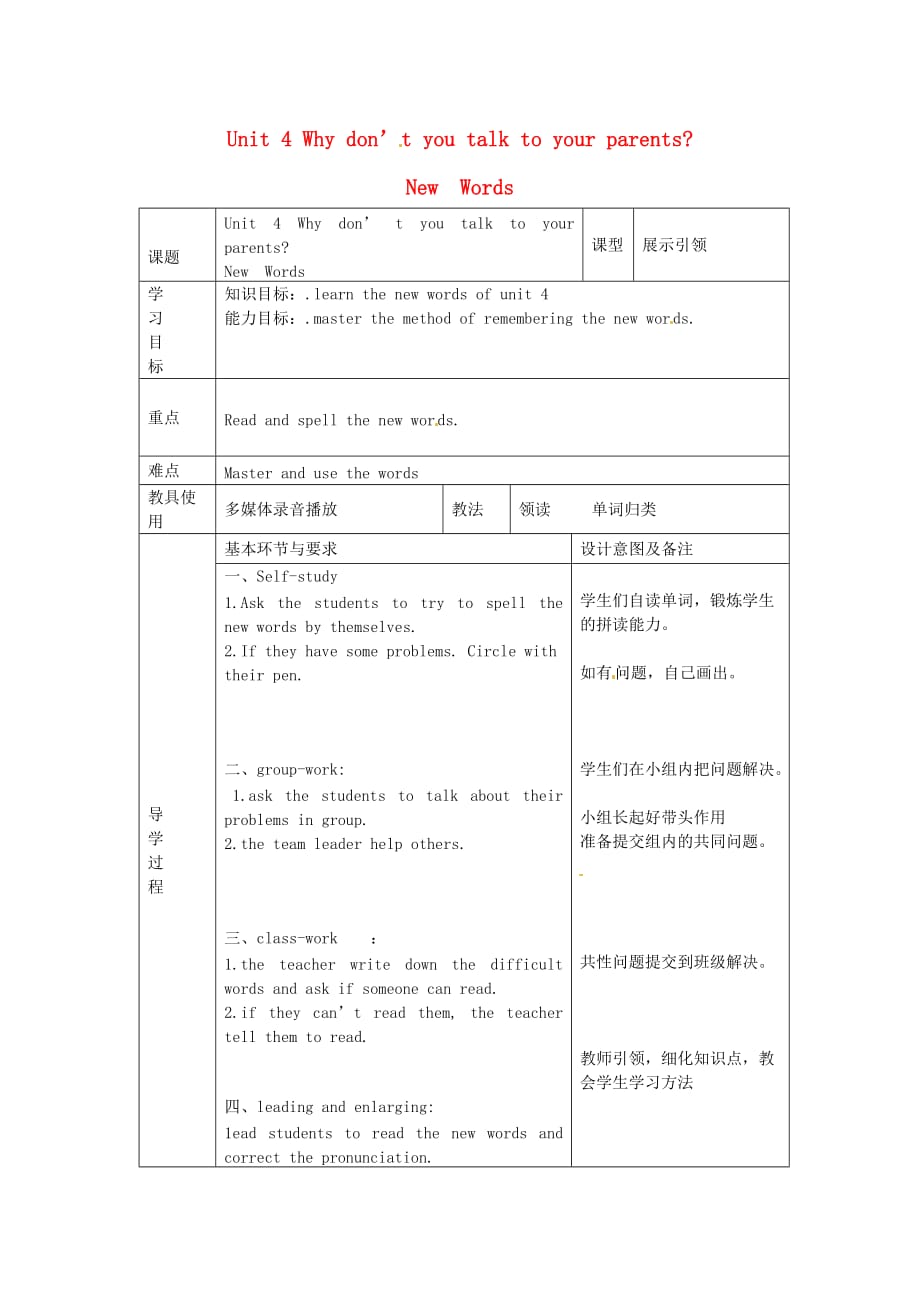 河北省承德市围场县半截塔中学八年级英语下册 Unit 4 Why don’t you talk to your parents New Words导学案（无答案） （新版）人教新目标版_第1页