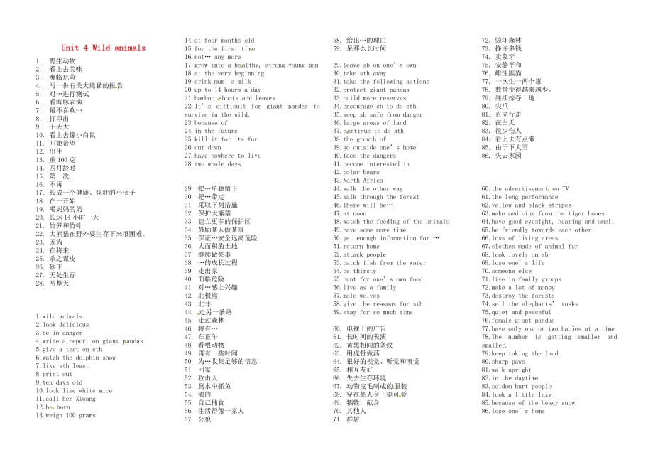 江苏省永丰初级中学八年级英语上册 Unit 4 Wild animals短语及练习2（无答案） 牛津版_第1页