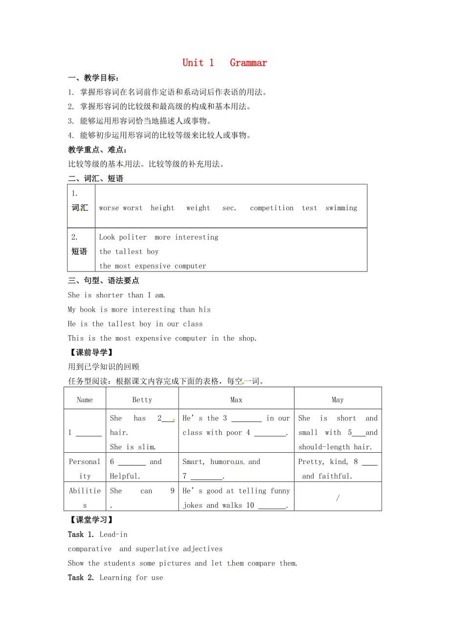 江苏省句容市后白中学八年级英语上册 Unit 1 Friends grammar教学案（无答案）（新版）牛津版_第1页