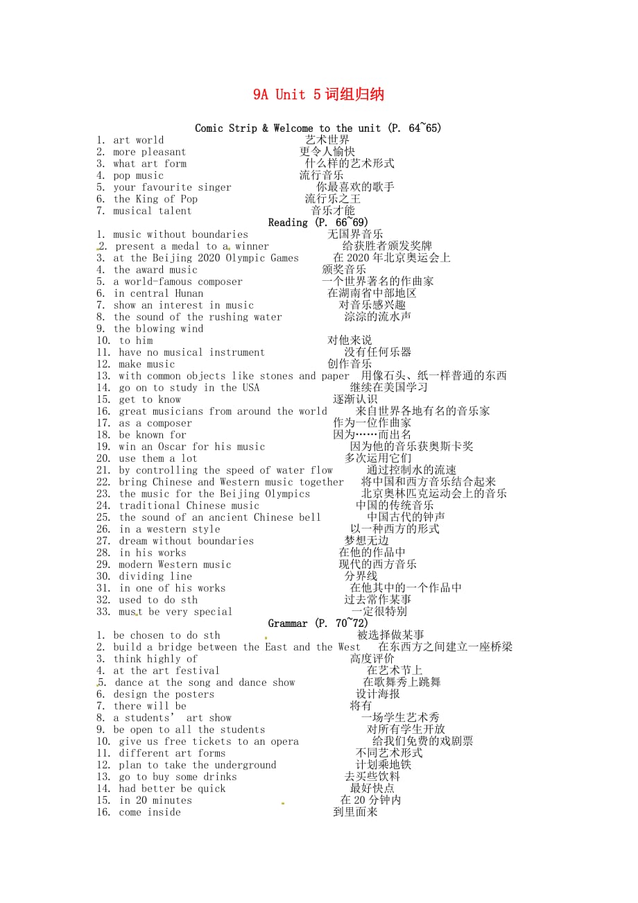 江苏省南通市如东县马塘镇邱升中学九年级英语上册 9A Unit 5词组归纳 牛津版_第1页